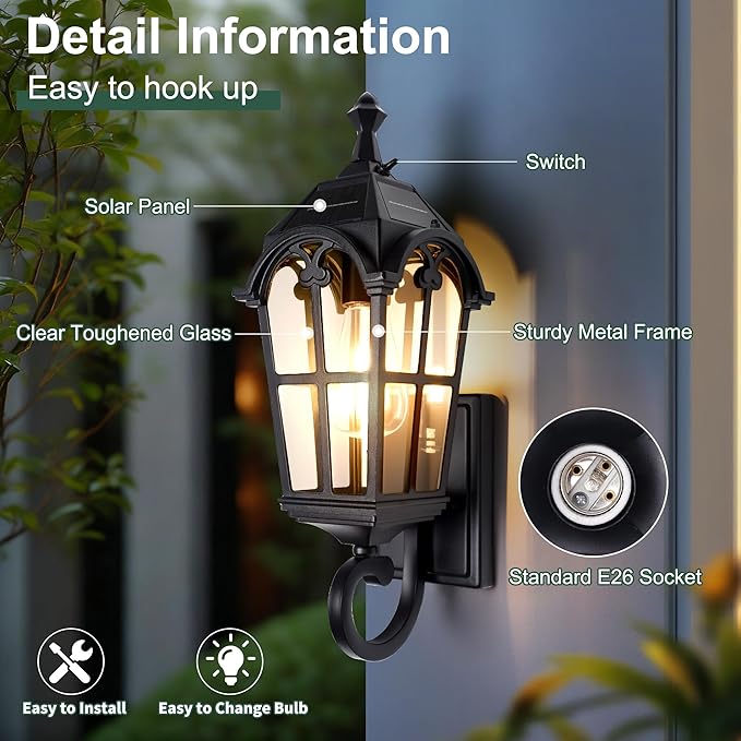 Outdoor Solar Wall Lights with Bulb Waterproof Solar Porch Lights Dusk to Dawn Exterior Light Anti-Rust Exterior Lighting Fixtures Outside Light for House Porch Garage Garden Balcony