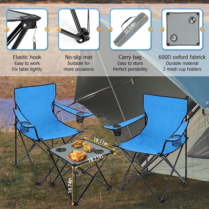 HaSteeL Folding Camping Chair Set of 3 Foldable Blue Camp Chairs &amp Grey Table Large Lawn Chair Portable for Adults Hiking Fishing Picnic Outdoor BBQ Travel Sports Cup Holders &amp Storage