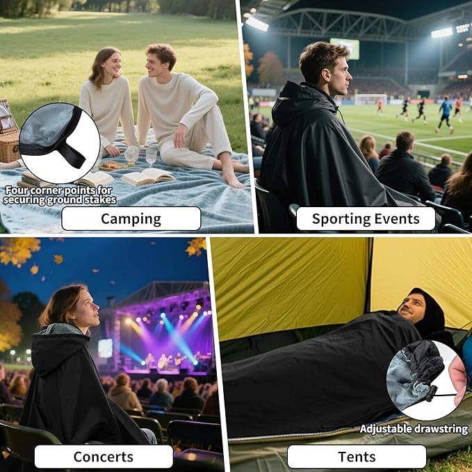 Large Camping Blanket Hooded Stadium Blanket with Crystal Velvet Lining Waterproof Windproof Warm Outdoor Blankets for Camping Picnic Stadium Sports Beach Concerts (59x 79)