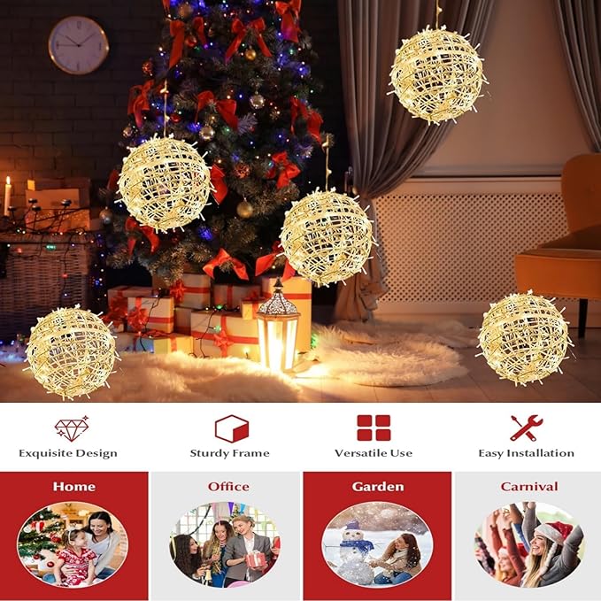 Outdoor Christmas Balls Lights 4 Pack Hanging 7.9 LED Garden Sphere Tree Lights 8 Modes Waterproof Glow Globe Lights with Memory Timer Plug for Party Yard Porch Eave Patio Xmas Decorations-Warm White