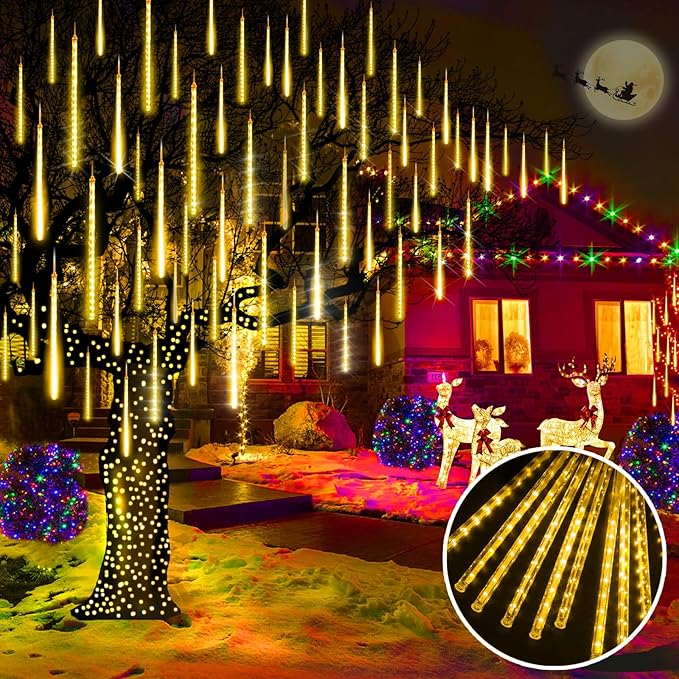 KNONEW Christmas Lights Outdoor 15 inch 24 Tubes 672 LED Meteor Shower Lights Plug in Waterproof Falling Rain Light for Xmas Tree Wedding Party Garden Holiday Rooftop Decorations (Warm White)