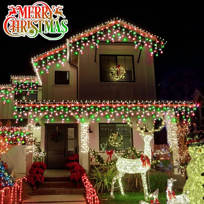 Christmas Lights Outdoor 164FT 1600 LED Ice Lights for Outside 320 Drops Ice String Lights with 8 Modes Waterproof Timer &amp Memory for Yard Garden Eaves Patio Party (Red Green and Cool White
