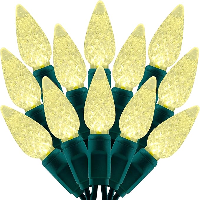 140 Warm White Strawberry One-Piece LED Christmas Lights Pack of 2 Strands 70 Count 36 ft High Waterproof UL Certified C6 Outdoor String Lights (Warm White - Green Cord)