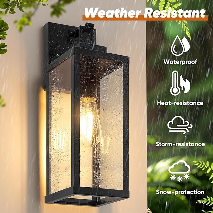 BesLowe 16” Upgraded Motion Sensor Outdoor Wall Lights Dusk to Dawn Porch Lights Outdoor Wall Sconces 3 Lighting Modes Exterior Lighting Fixtures with Hooks Black Outside Lights for House 2-Pack