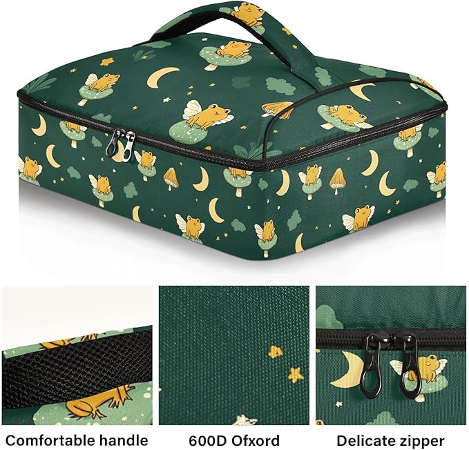 Casserole Carrier Frog and Mushroom PatternInsulated Casserole Carrier for Hot or Cold Food Thermal Lunch Tote for Potluck Parties Picnic Beach Fits 9 x 13 Inches Baking Dish