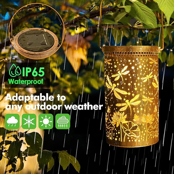 Fabuday Dragonfly Gifts Outdoor Solar Lantern Waterproof - Hanging Solar Power 8 Color Light Led for Outside Garden Decor for Patio Porch Balcony Yard and Deck Gardening Gifts for Women 2 Pack