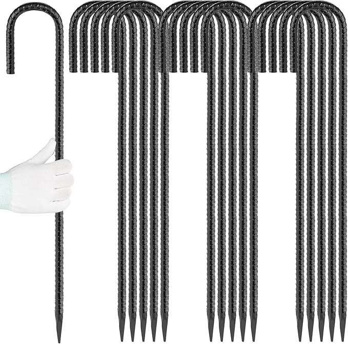 24 inches J Hook Rebar Stakes (16-Pack) Extra Long Garden Stakes with Chisel Point End Steel Rebar Ground Stakes for Tent Chain Link Fence and Outdoor Decorations Black Coated