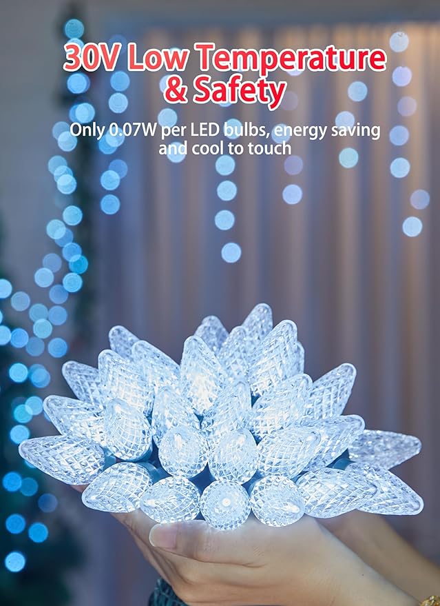 C9 Christmas Lights Outdoor 114 Feet 150 LED C9 String Light with Timer &amp 8 Light Modes Waterproof Commercial Grade Connectable Christmas Tree Lights for House Indoor Outside Roofline Pure Whit