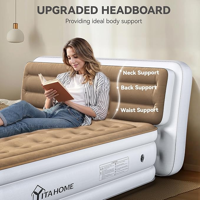 YITAHOME Queen Size Air Mattress with Pump and Banded Headboard 18in Luxury Flocked Top Blow up Mattress Durable Inflatable Mattress for Home &amp Guests Brown AirBed
