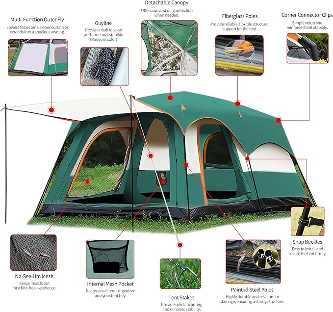 Large Family Standing Upright Camping Tent - 5-12 Persons Multi-Room Waterproof Tent with Screened Porch - Glamping Tent for Outdoor Camping &amp Family Vacation