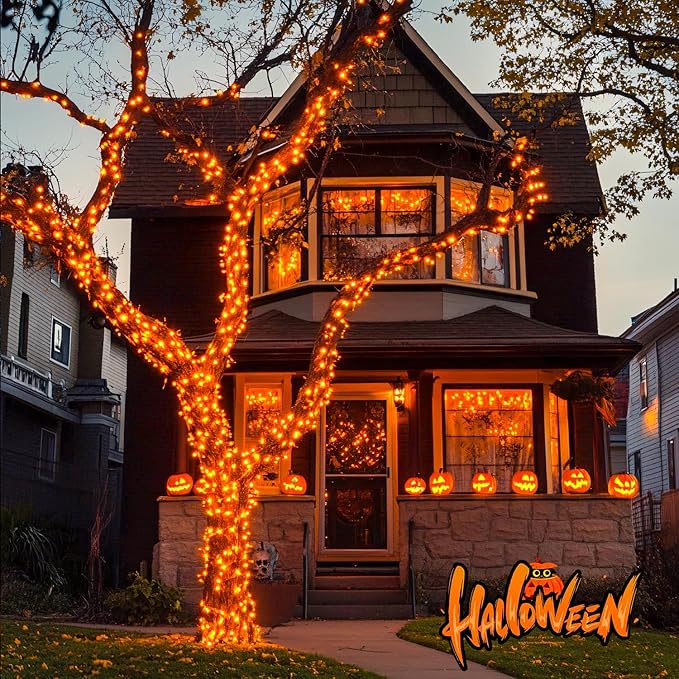 JMEXSUSS 33ft 100 LED Orange Christmas Lights Battery Operated Christmas Lights Orange String Lights with Remote Indoor Outdoor Waterproof for Fall Xmas Decorations (Pack of 2)
