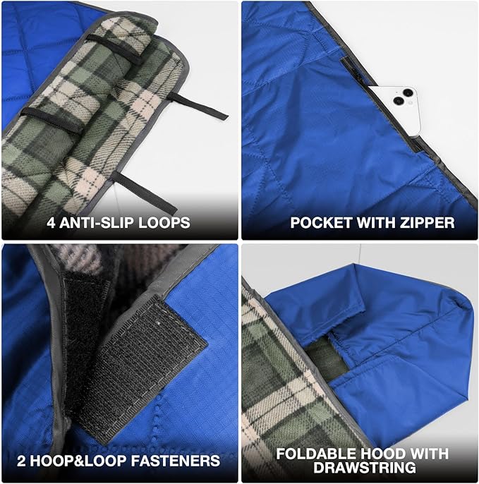 DUKUSEEK Hooded Outdoor Blanket Waterproof Camping Blanket Quilted Thick Fleece Warm Windproof Sand Proof Portable and Wear-Resistant Perfect for Stadium Picnic Camping