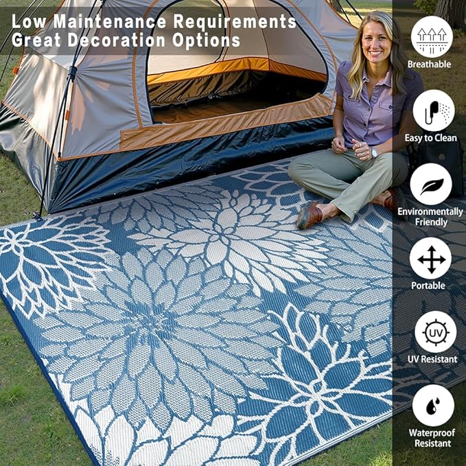 HUGEAR 5'x8' Outdoor Rug Waterproof Plastic Straw Rugs Blue Reversible Floral Mat Floor Carpet for Camping RV Deck Entryance Porch Picnic Balcony Beach Backyard