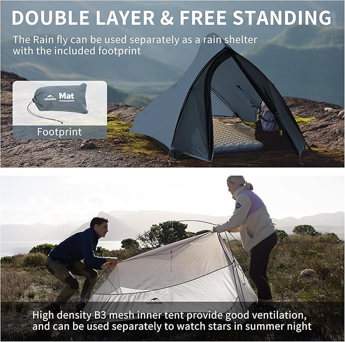 Naturehike Cloud-Up 2 Person Tent Lightweight Backpacking Tent with Footprint - Free Standing Ultralight Camping Hiking Backpack Tents Two Person Tent