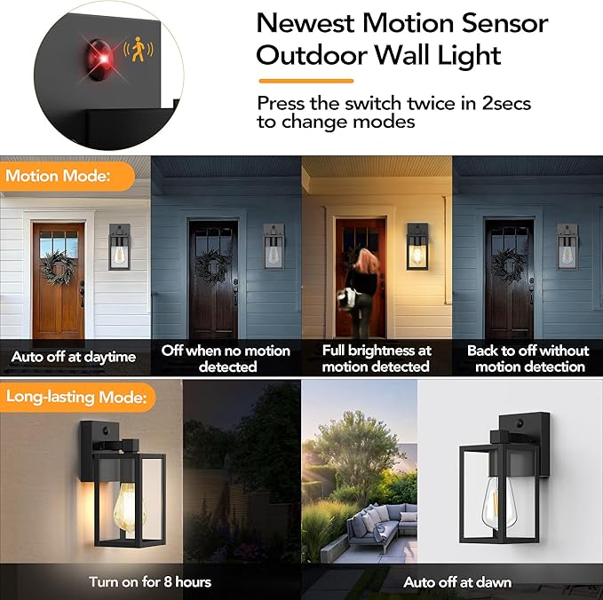 Motion Sensor Outdoor Wall Lights Dusk to Dawn Outdoor Porch Lights For House 2 Pack Exterior Lighting Fixtures with E26 Sockets Black Wall Mounted Waterproof Outside Lanterns For Garage Entryway