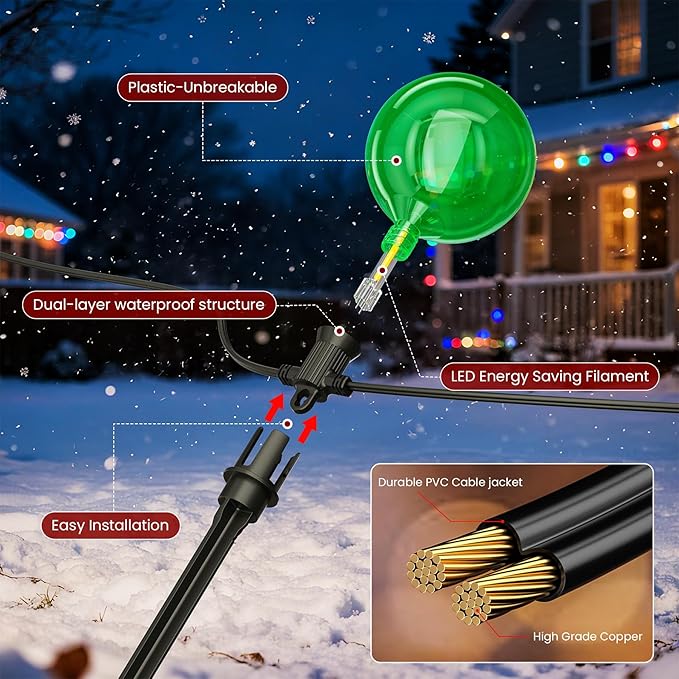 Outdoor Jumbo G40 Christmas Pathway Lights 23FT Connectable Walkway Lights with 12 G80 Multicolor LED Bulbs for Driveway Yard Lawn Garden