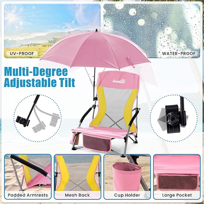 Lamberia Folding Beach Chair with Umbrella for Adults Portable Low Beach Chairs with 300lbs Capacity Lightweight Fodable Camping Chair for Travel Picnic Concert &amp Outdoor Activities Pink-Yell