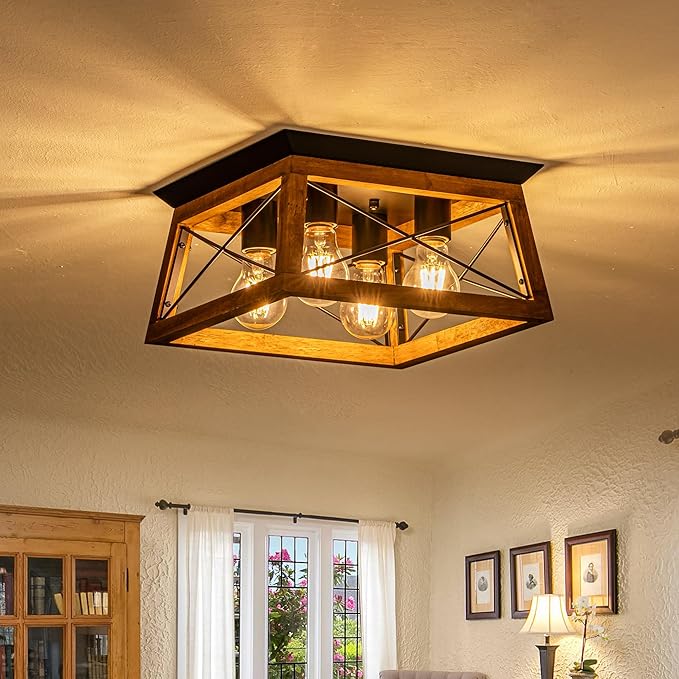 Farmhouse Light Fixture 4-Light Rustic Ceiling Light Trapeziform Wood Flush Mount Ceiling Light for Kitchen Hallway Entryway Bedroom