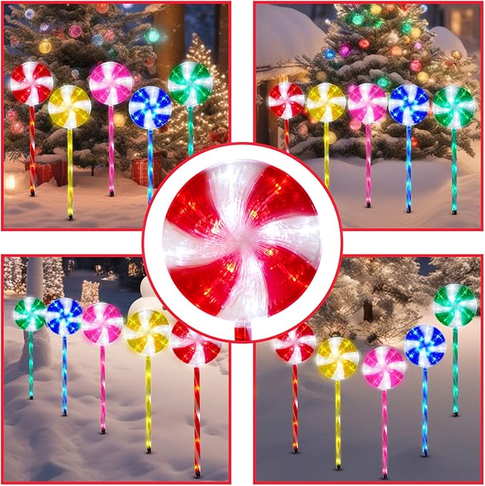 BRIGHTDECK Lollipop Solar Christmas Pathway Lights Outdoor 10 Pack LED Christmas Decor with 8 Lighting Modes Light Up Solar Stake Lights for Holiday Xmas Walkway Sidewalk (Multicolour 10 PCS)