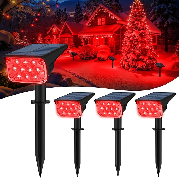 T-SUNUS Christmas Red Solar Lights for Outside IP65 Waterproof Auto On/Off Adjustable Landscape Spot Lighting Garden Spotlight Outdoor Tree Pathway Yard Driveway Wall Patio Lawn Flag Halloween 4 Pack