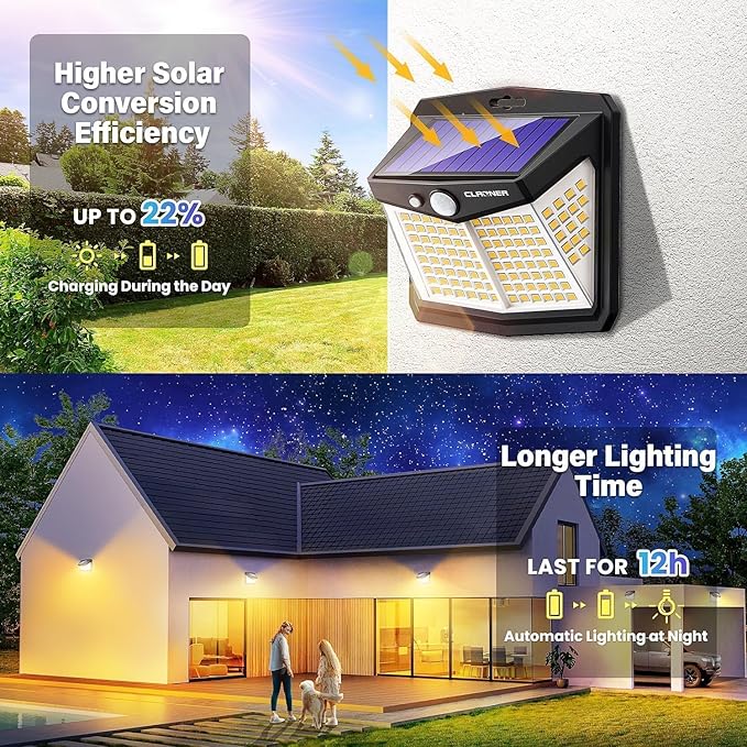 CLAONER Solar Motion Sensor Lights Outdoor 12 Pack Solar Fence Lights IP65 Waterproof Bright 128 LED Security Flood Lights with 270°Wide Angle 3 Lighting Modes Motion Light for Outside Warm White