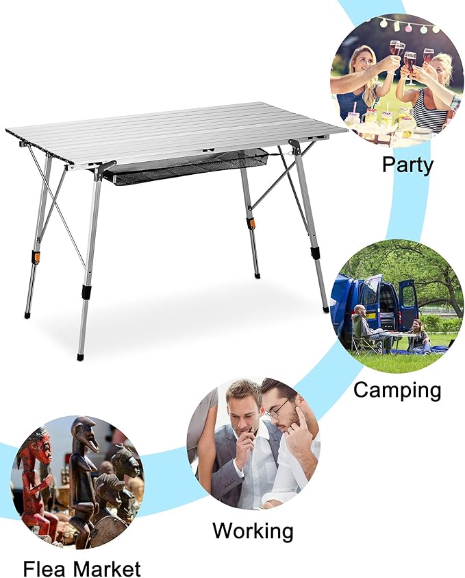 FiveJoy Folding Camping Table Outdoor Portable Picnic Camp Table with Aluminum Legs Adjustable Height Roll Up Table with Mesh Layer for Picnic Beach Grill Backyard Kitchen