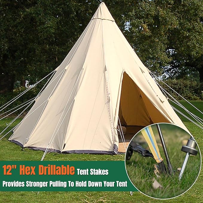 15 Pcs 12 Hex Drillable Tent Stakes Hex Heavy Duty Metal Ground Pegs Screw in Camping Spikes for Garden Canopies Grassland Canopies Awnings Camping Travel (Hex Tool and Storage Bag)