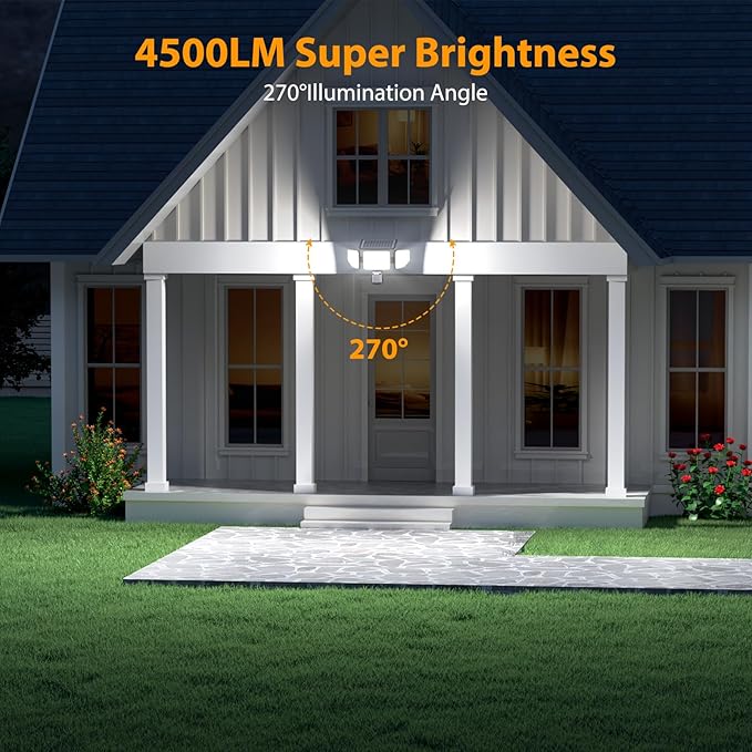 Onforu 4500LM Solar Lights Outdoor 3 Heads Security Lights with Remote Control IP65 Waterproof Motion Sensor Lights 3 Modes Flood Lights for Wall Porch Yard Outside 2 Pack