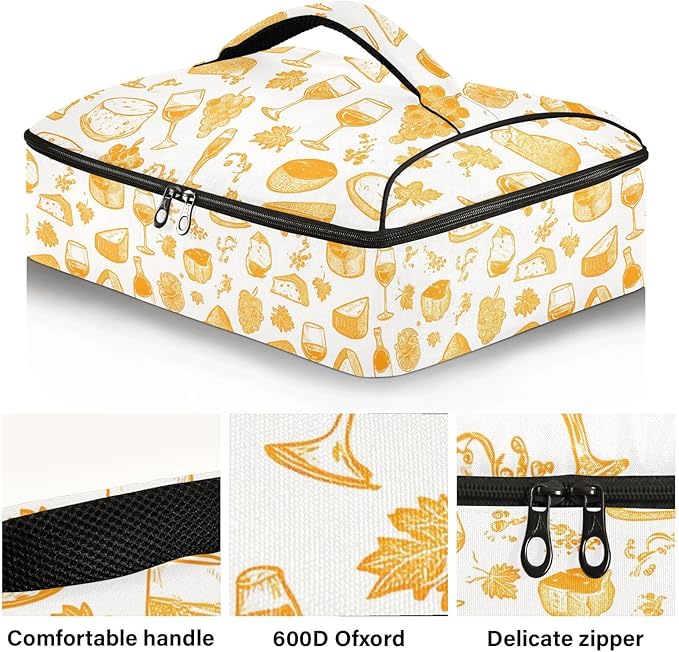 Casserole Carrier Wine and CheeseInsulated Casserole Carrier for Hot or Cold Food Thermal Lunch Tote for Potluck Parties Picnic Beach Fits 9 x 13 Inches Baking Dish