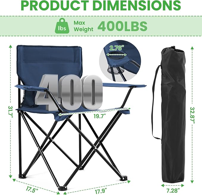2 Pack Portable Camping Chairs Folding Lawn Chair Outdoor Lightweight Beach Chair with Cup Holder &amp Carry Bag for Outside Sports Fishing Hiking Travel Picnic Backyard (Navy)