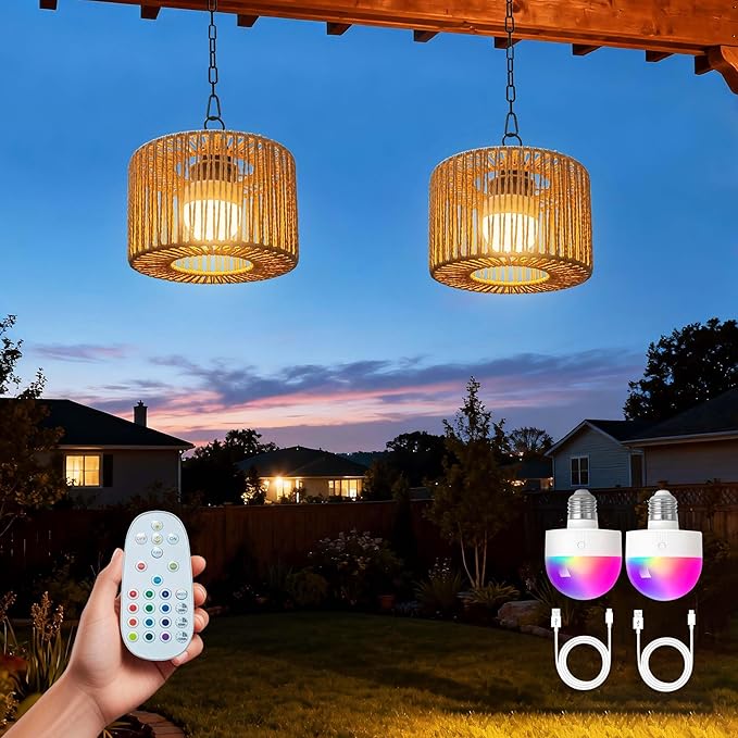 Battery Operated Chandelier Rechargeable Outdoor Pendant Light Cordless with RGB LED Bulb Boho Hanging Lights with Remote for Gazebo Porch Patio Pergola Indoor DecorSet of 2