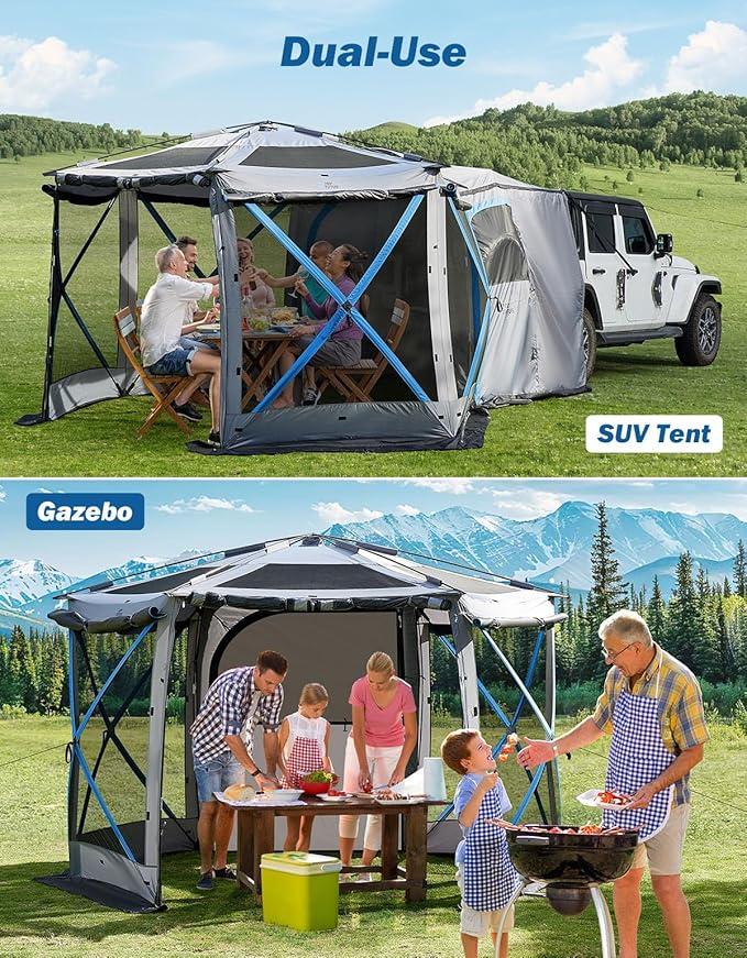 JOYTUTUS Dual-Use Pop up SUV Tent for Camping 11x11 Ft Outdoor Gazebo Screen SUV Tailgate Tent for Family Vehicle Camping Canopy Shelter Portable Carry Bag