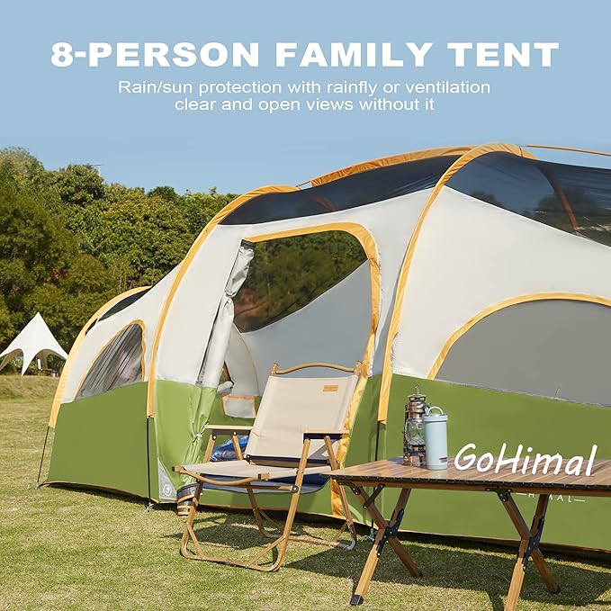 8 Person Tent for Camping Waterproof Windproof Family Tent with Rainfly Divided Curtain Design for Privacy Space Portable with Carry Bag