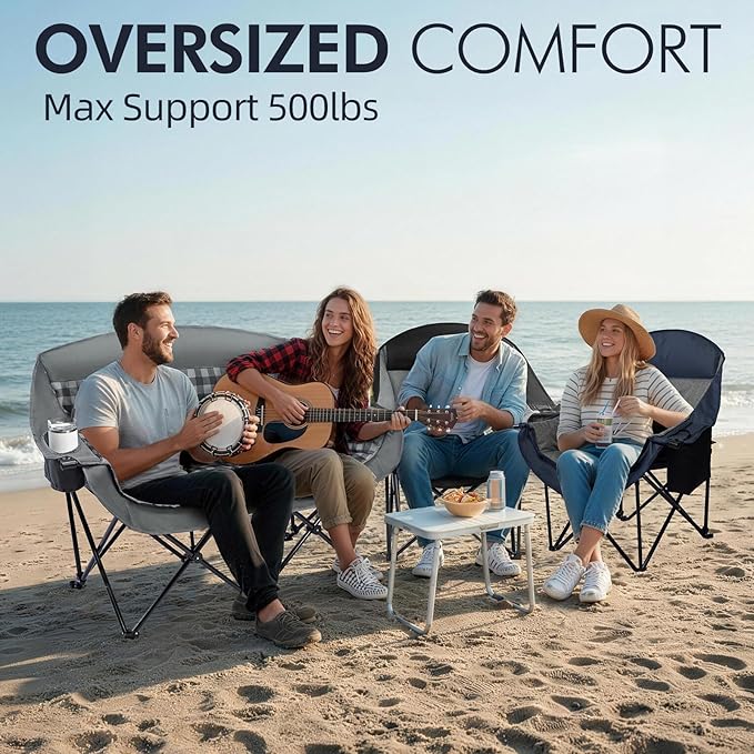 Oversized Camping Chairs for Adults - Heavy Duty Padded Outdoor Folding Lawn XL Camp Chair with Cup Holder Cooler Pockets for Sports Beach Fishing Garden Portable Supports 500lbs Blue/Grey