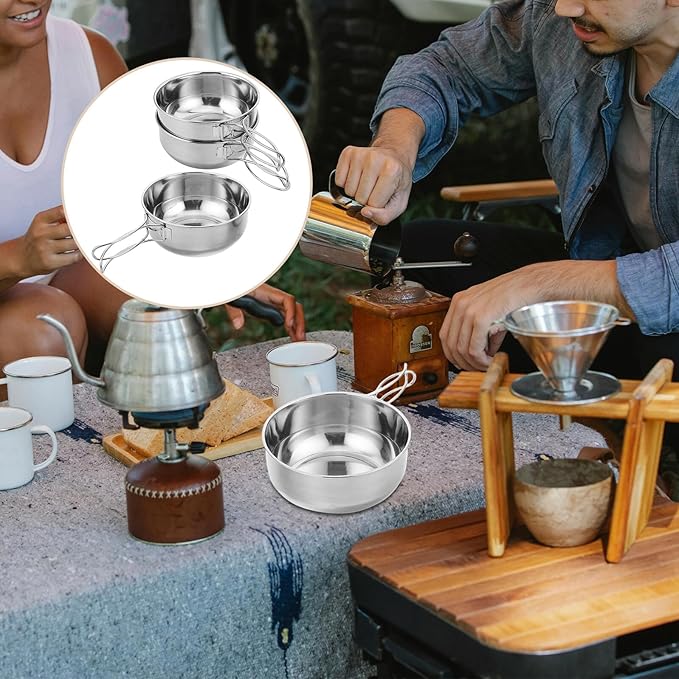 Stainless Steel Camping Bowls Set with Foldable Handles 650ml Large Bowl Portable Outdoor Picnic and Hiking Cookware for Backpacking and Camping
