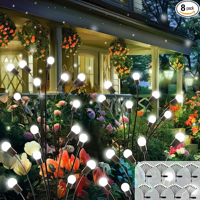 2026 Upgraded Solar Lights Outdoor 8 Pack Solar Garden Lights with 2 Modes Firefly Lights Outdoor Waterproof Sway by Wind Twinkle Firefly Light for Yard Patio Path Garden Decoration (Cool White)