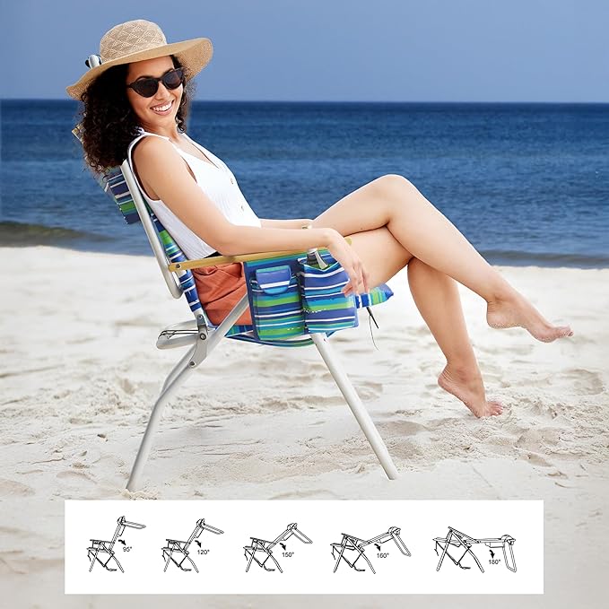 Tall Beach Chairs for Adults 17 High Backpack Beach Chair with Wooden Armrests 5 Positions Reclining Heavy Duty Chair with Large Cooler Pouch Support to 350LBS Striped Blue&ampGreen2pack
