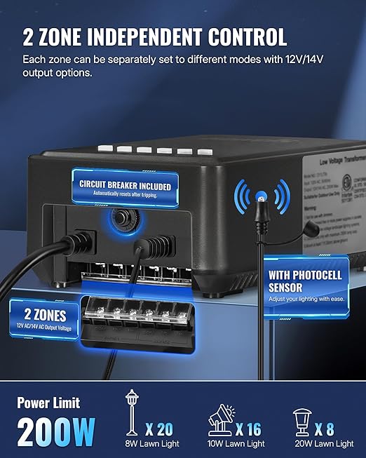 200W Low Voltage Landscape Transformer 2 Zone Independent Control 120VAC to 12/14VAC Low Voltage Transformer Landscape Lighting Transformer with Timer&amp Photocell Sensor ETL Listed D27LT06N1