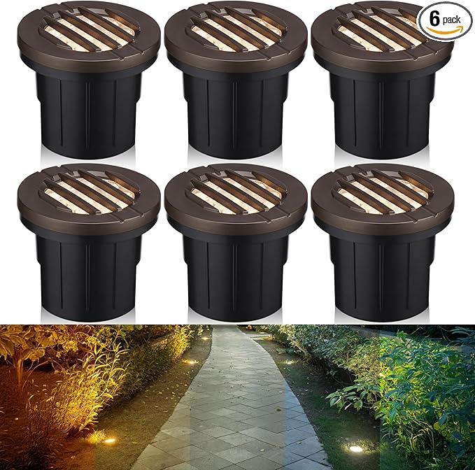 LEONLITE Dia. 4 Inch Well Lights Landscape LED In Ground Grated Top 5 Color Temperature Selectable 12-24V AC/DC CRI90 Low Voltage Garden Landscaping Oil Rubbed Bronze Aluminum Housing Pack of 6