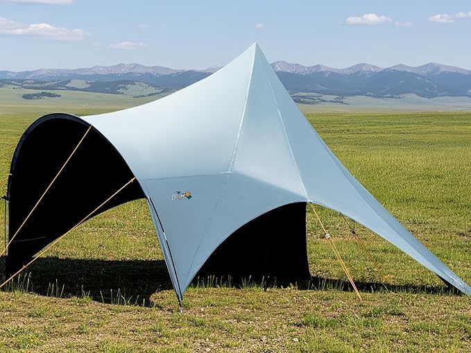 Large Blackout Camping Tarp with Poles Waterproof Shade Canopy Tent Tarp Sun Shade Shelter for Outdoor Camping Backyard Picnic - Included Guy Lines &amp Luminous Tent Stakes Gray