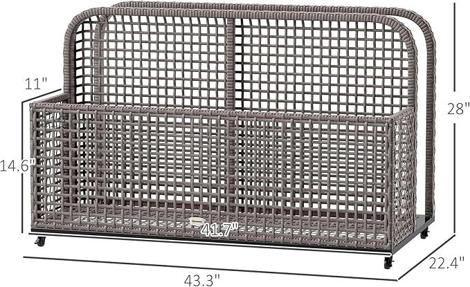 43.25x22.5x28in Outdoor Pool Storage Caddy: PE Rattan Basket Reinforced Steel Dual-Section Locking Casters Light Gray
