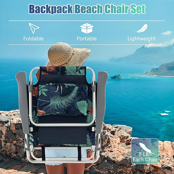 GYMAX Beach Chairs Backpack Camping Chair with Armrest Cooler Bag Cup Holder Towel Bar &amp Side Pockets Sunbath Sling Tanning Lounge Folding Layout Chair (Without Table Flower)