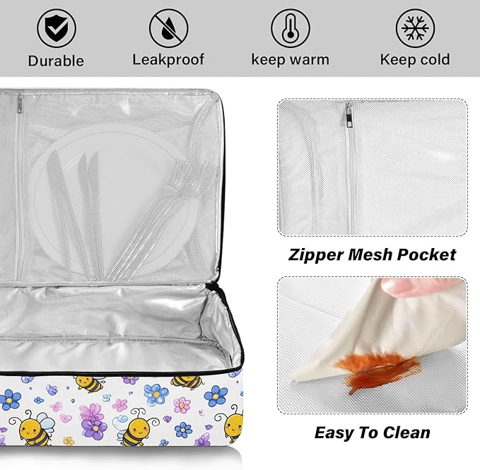 Casserole Carrier Cute Cartoon Pattern Bees and FlowerInsulated Casserole Carrier for Hot or Cold Food Thermal Lunch Tote for Potluck Parties Picnic Beach Fits 9 x 13 Inches Baking Dish