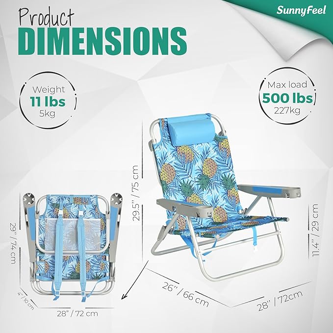 SUNNYFEEL Extra Wide 28 Low Beach Chair 5 Position Lay Flat XL Oversized Portable Folding Camping Chairs with Cup Holder for Outdoor/Trip Lightweight Foldable Backpack Beach Chair for Adults
