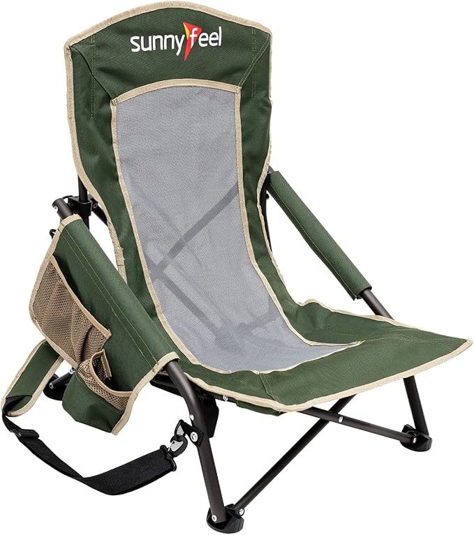 SUNNYFEEL Low Folding Beach Chair for Adults Portable Lightweight Sling Beach Camping Chairs with Cup Holder ArmrestFoldable Camp Lawn Chair for Outdoor Sand Concert Travel Sport Events300LBS