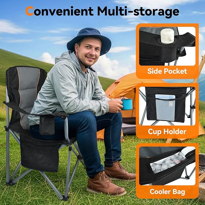 Camping Chairs for Adults Heavy Duty Oversized Fully Padded Folding Chairs for Outside with Cup Holder Cooler Bag and Side Pocket Support 400 Lbs Versatile for SportsOutdoors &amp Lawns