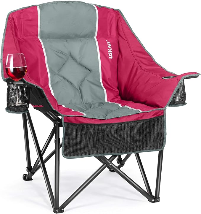 Oversized Camping Chair for Adults - Heavy Duty 400 lbs Padded Folding Chair with Wine Glass Holder 2 Cup Holders &amp Side Pockets Portable Carry Bag for RV Tailgating Lawn