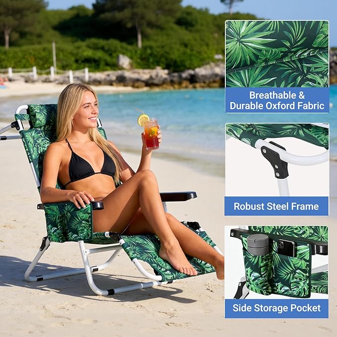 3 N 1 Beach Chair w/ Face Cushion &amp Arm Holes Lightweight Lawn Reclining Lounge Chair w/ Adjustable Backrest &amp Footrest5 Position Folding Chair for Outdoor Patio Backyard 440lb Weight Capa