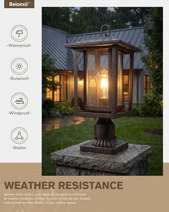 Beionxii Oil Rubbed Bronze Outdoor Post Lights 2 Pack 19In Lamp Post Light Fixture for Outside with Pier Mount Base Waterproof Aluminum HousingORB Column Mount Light(Hardwired 120V)BXA197-P-2P-ORB