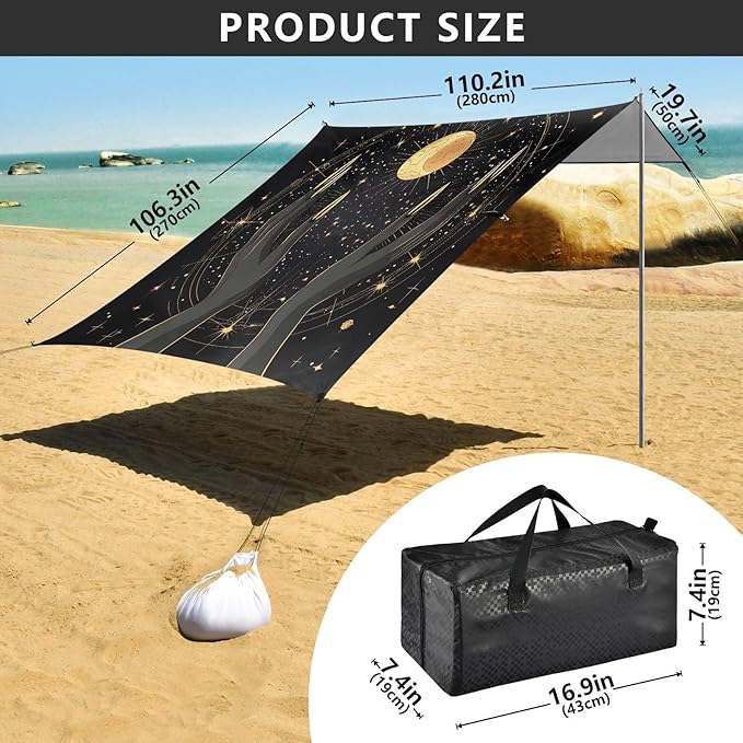 ALAZA Hands Holding Moon Astrology Beach Tent Sun Shelter UPF50+ Protection Beach Shade Canopy w/ 4 Sandbags for Outdoor Camping Fishing Backyard Fun Picnic 10x9 ft